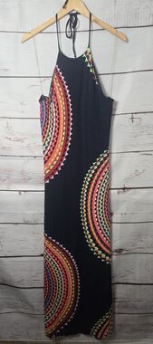 MmMmMm Womens Dress Large Blue Geometric Print Cut Out Back Maxi Halter Neck